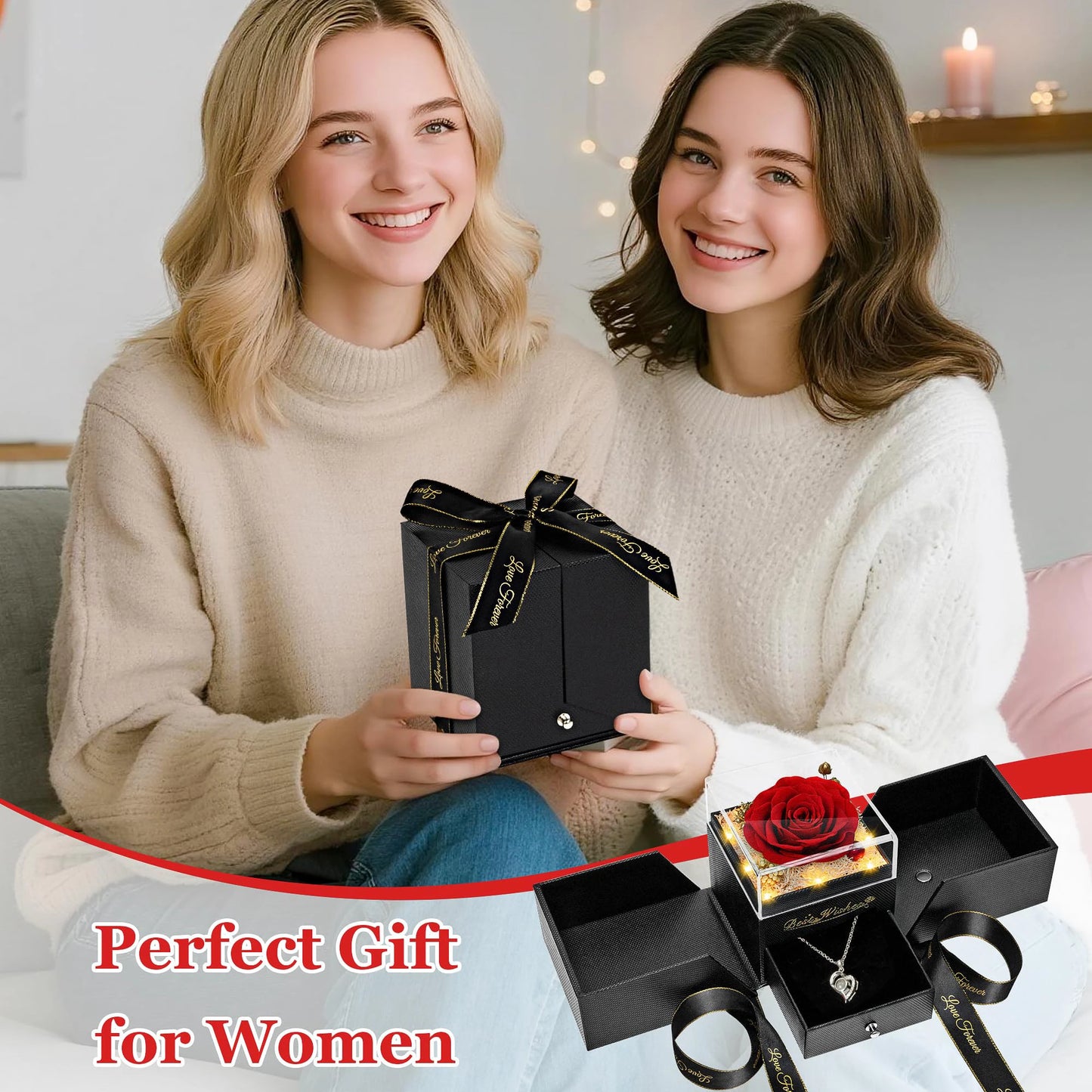 Preserved Real Rose with “I Love You” Necklace (100 Languages) – Eternal Flower Gift for Her, Wife, Valentine’s Day & Christmas