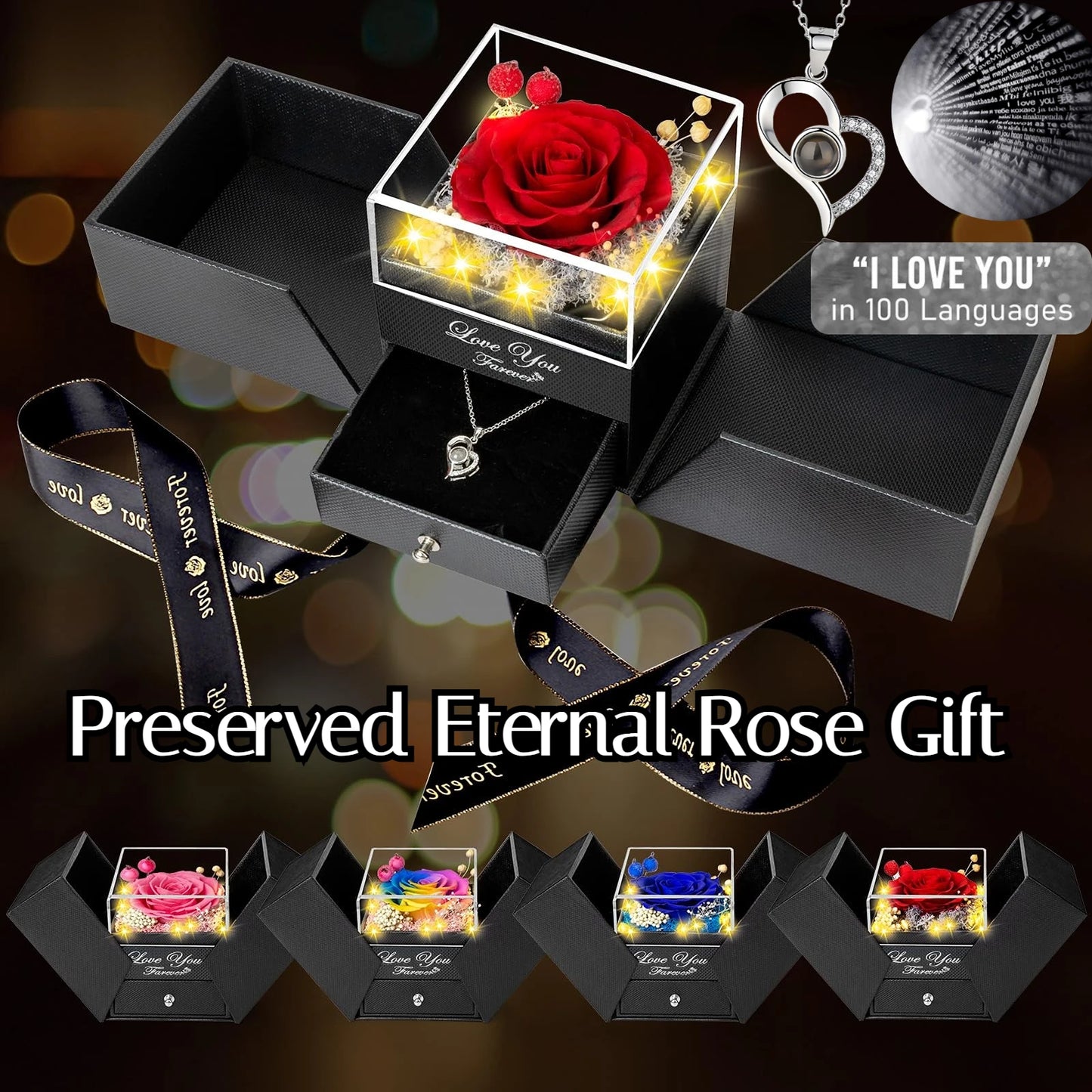 Preserved Real Rose with “I Love You” Necklace (100 Languages) – Eternal Flower Gift for Her, Wife, Valentine’s Day & Christmas