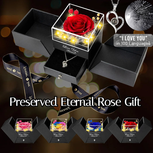 Preserved Real Rose with “I Love You” Necklace (100 Languages) – Eternal Flower Gift for Her, Wife, Valentine’s Day & Christmas
