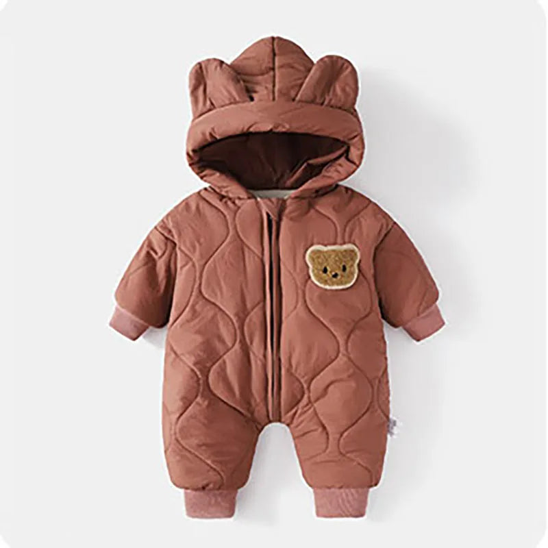 Winter Baby Romper with Fur Lining – Warm Cartoon Bear Jumpsuit for Toddlers & Infants (Unisex Outerwear, 0–24M)
