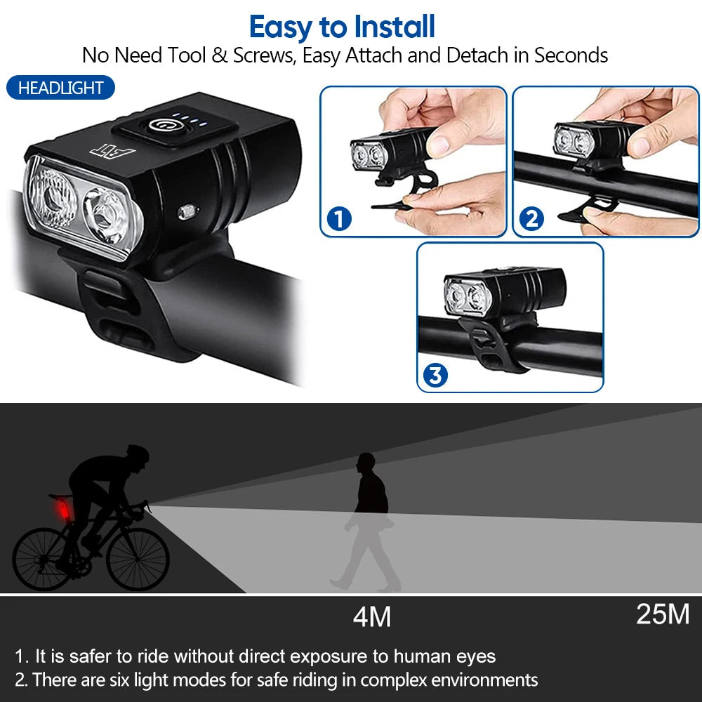 LED Bicycle Front Light – USB Type-C Rechargeable Bike Headlight for MTB & Road Cycling | Easy Install, Waterproof & Bright installation steps