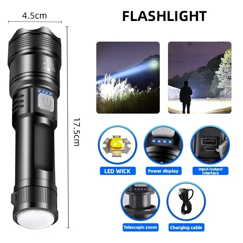 P70 LED Flashlight – 5000LM Ultra Bright Tactical Torch – Telescopic Zoom, Built-in Rechargeable Battery – Emergency Spotlight for Outdoor & Camping Use