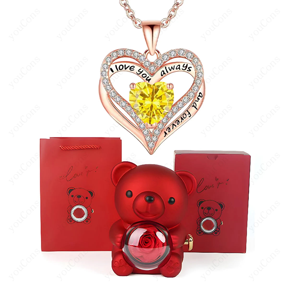 Red Heart Pendant Necklace with Bear Rose Gift Box – Elegant Jewelry Gift for Women for Mother’s Day 2026, Valentine’s Day, Christmas, Weddings & Birthdays